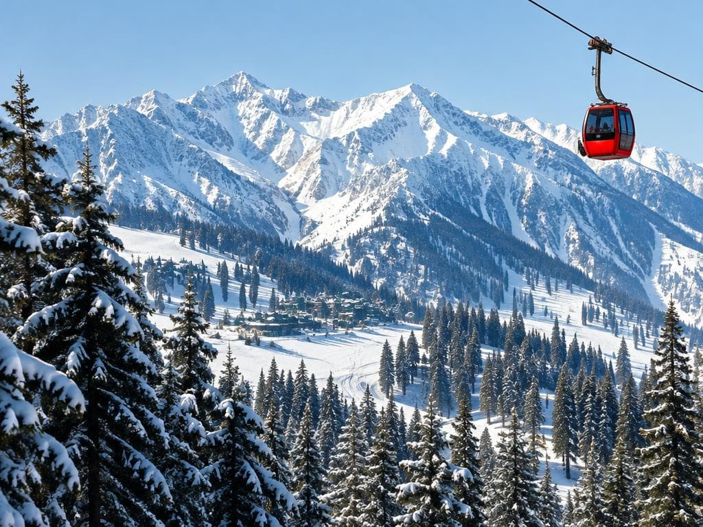 Snowy mountains and a gondola in Gulmarg
