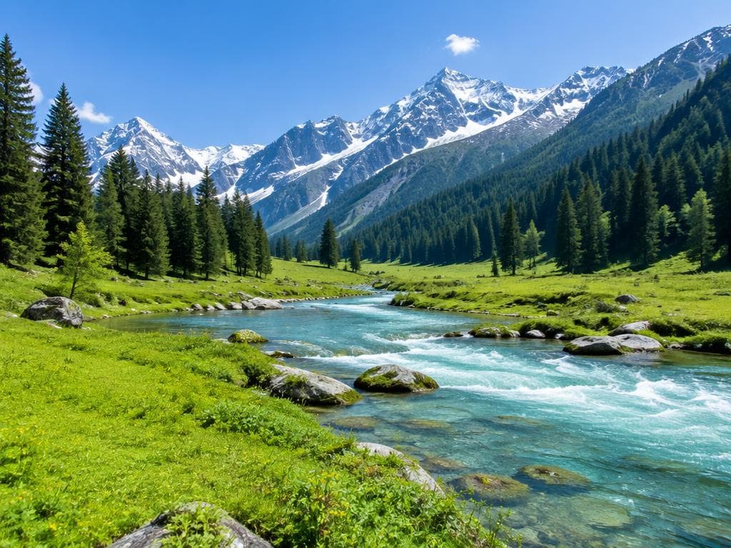 Green valleys and an alpine river in Pahalgam